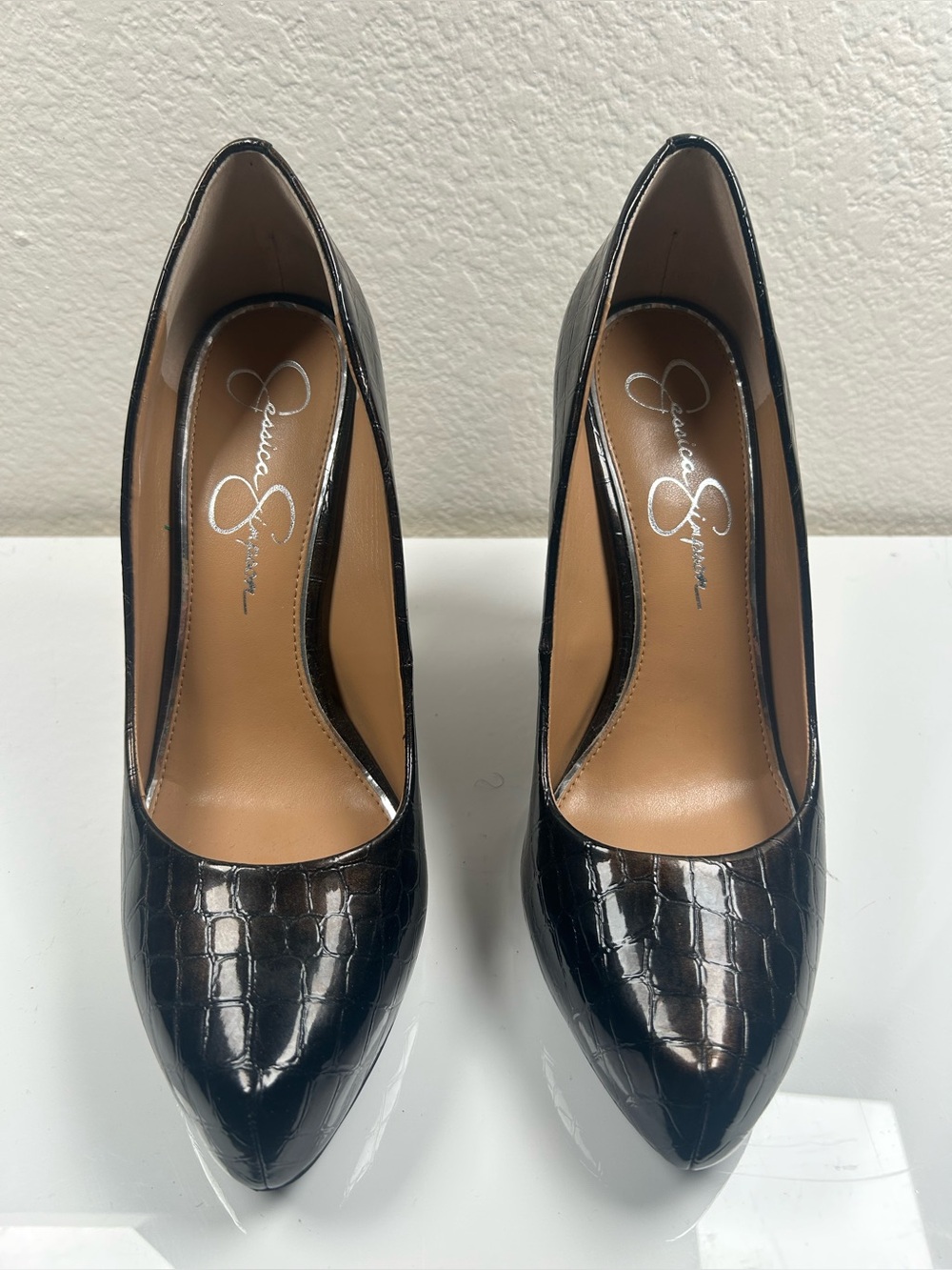 Jessica Simpson Black Croc-Embossed Pointed Toe Heels